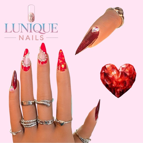 Hearts Desire Fiery Red Heart Nails with Rhinestones - Picture 2 of 5